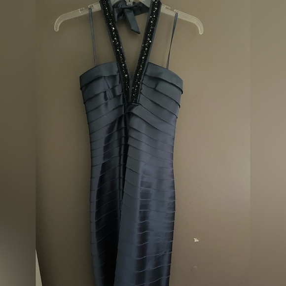 BCBGMaxAzria Blue Grey Woven Embellished Halter Dress | SZ 4 - Picture 3 of 4